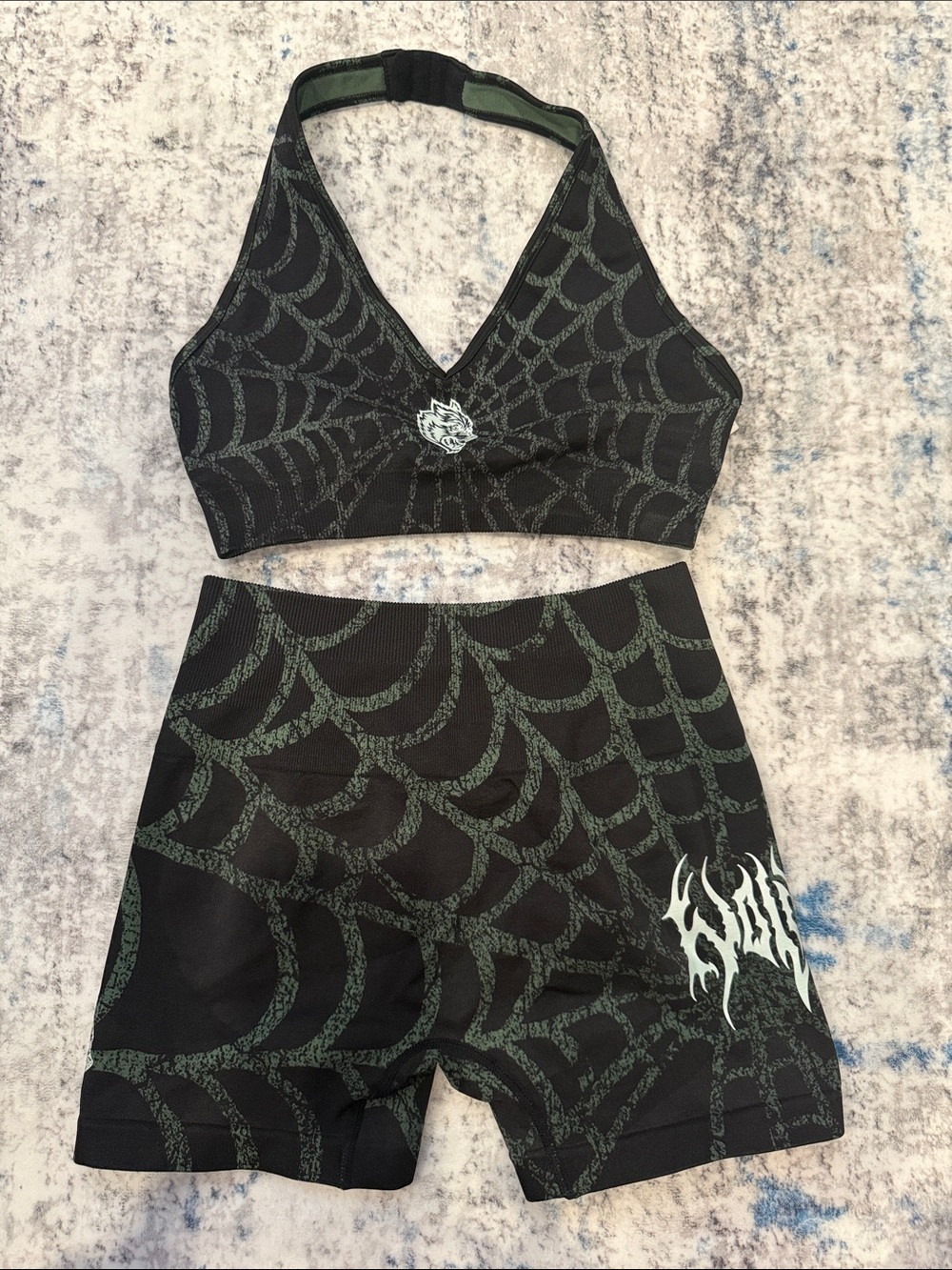 Darc Sport Black & Green Spiderweb Sports Bra and Shorts - Size S